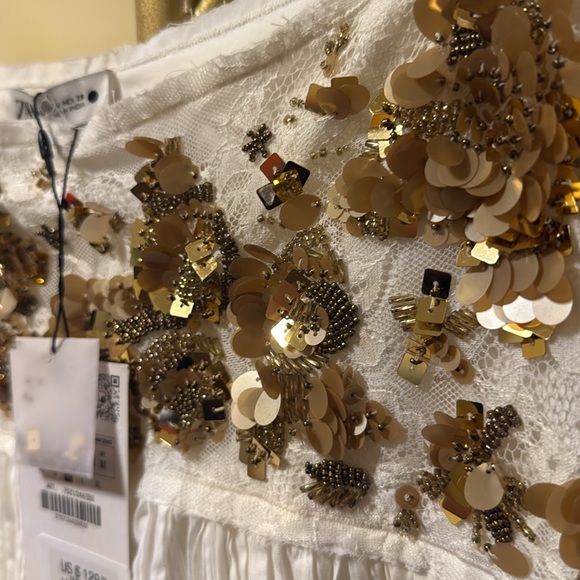 NWT Zara | White Gold Midi A-Line Skirt beaded bead lace - Picture 6 of 16